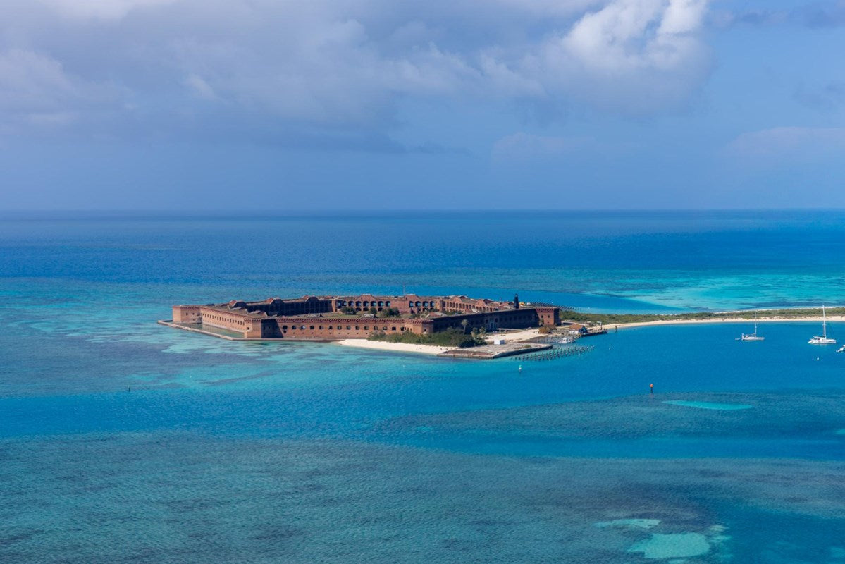 Aerial view of Fort Jefferson and turquoise waters in Dry Tortugas National Park