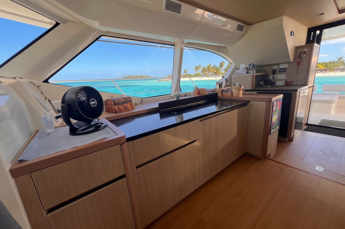 Galley counter with sink and cabinets on Let it be 3, a 44ft Aquila catamaran