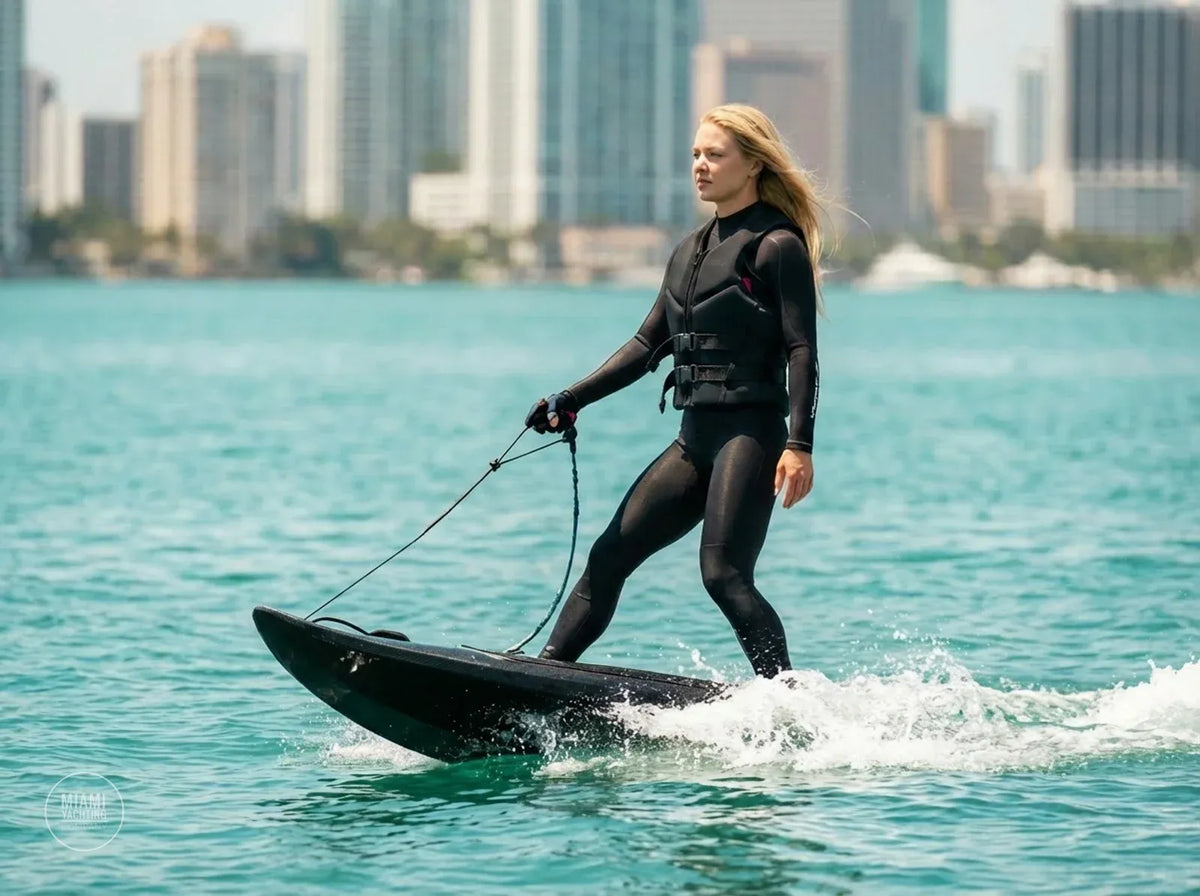 Rider standing on an electric wake jet board in front of the Miami skyline
