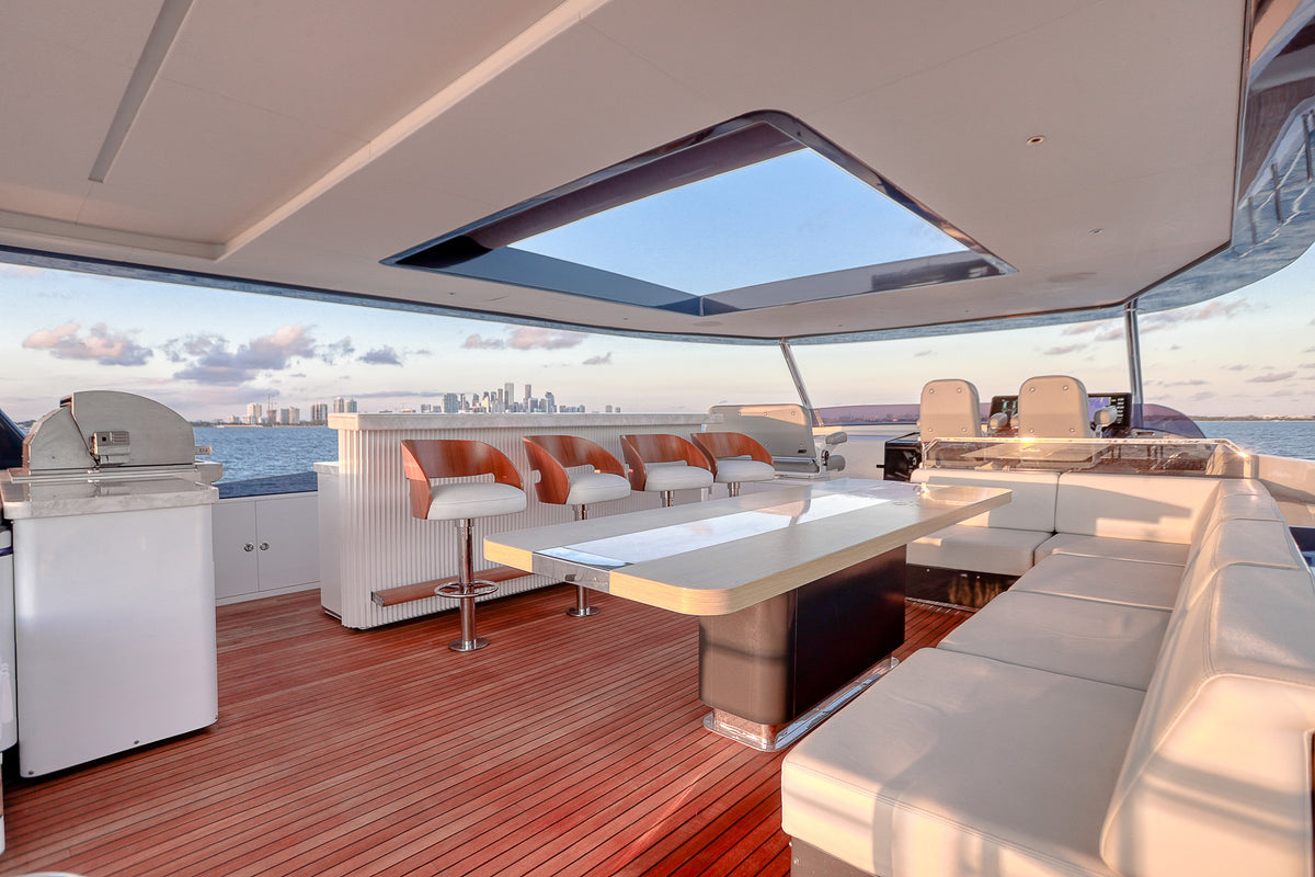 Wet bar and stools on the flybridge of the 88ft Sirena SAINT