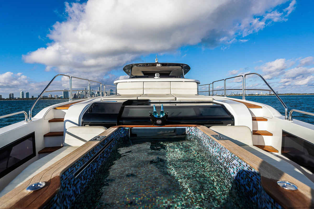 Plunge pool in the bow of the 88ft Sirena SAINT, ringed by sun pads in Miami
