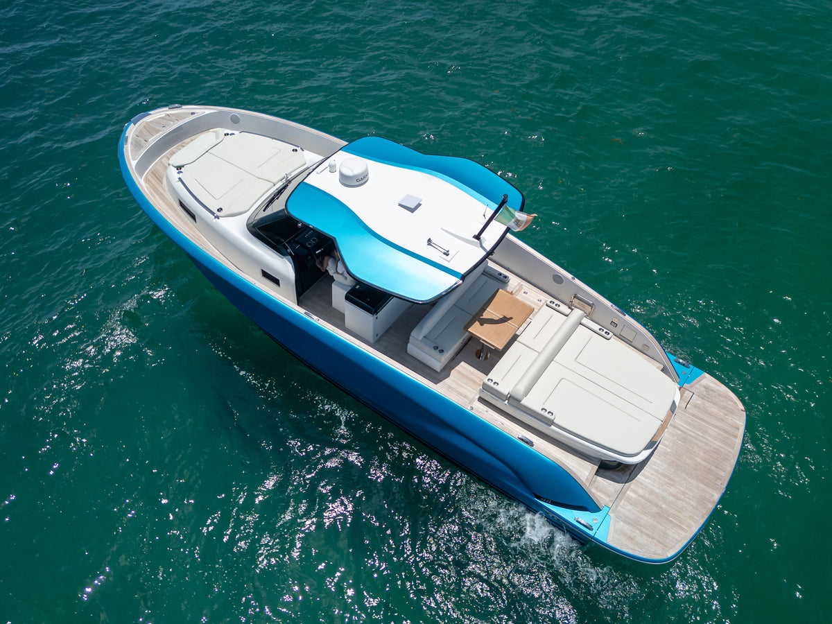 Overhead of the Solaris Power with its aft sun pad, cockpit table and swim platform