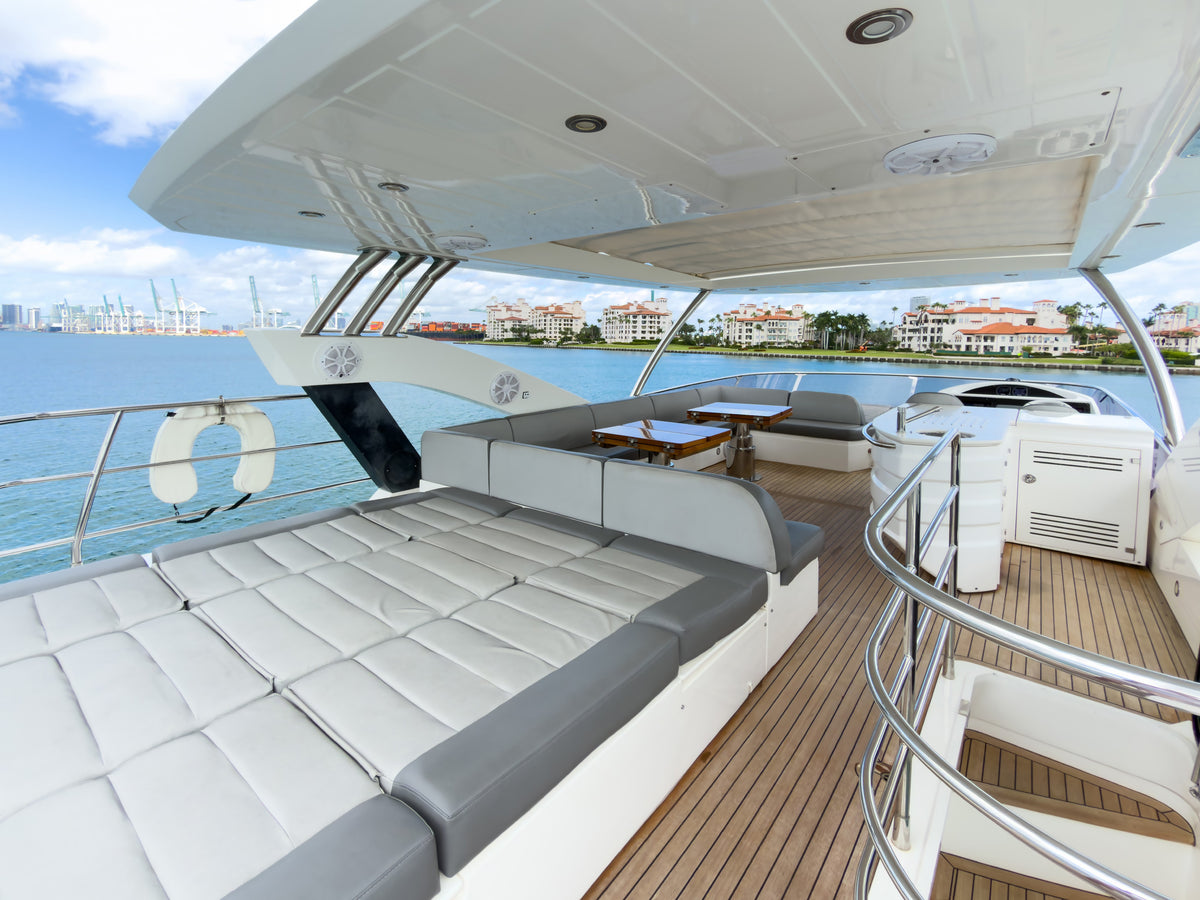 Flybridge sun pad and lounge seating on the 80ft Sunseeker START ME UP