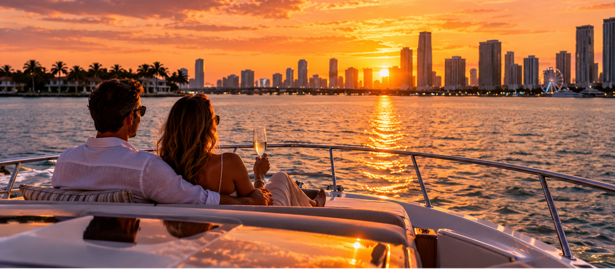 A couple relaxes on the bow of a yacht at sunset, looking out over water toward a city skyline. The sky is filled with warm orange, pink, and gold clouds, reflecting over the water, with silhouetted buildings in the distance.