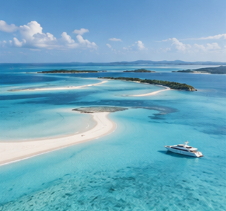 White yacht beside sweeping sandbars and turquoise water