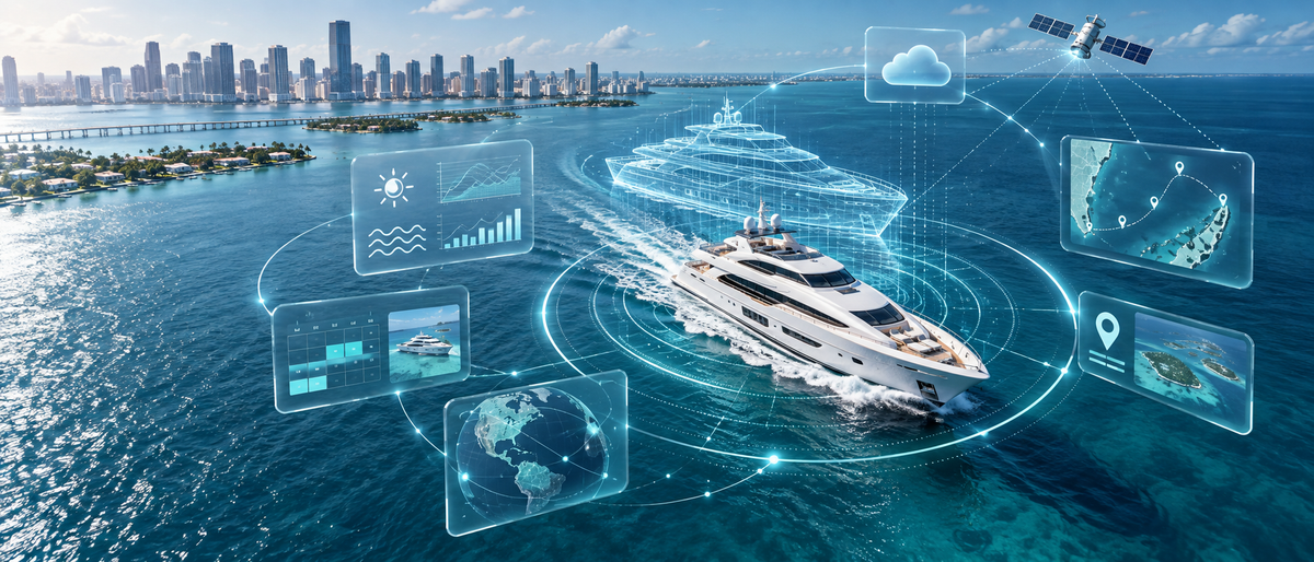 Smart yacht charter technology connecting a luxury yacht in Miami