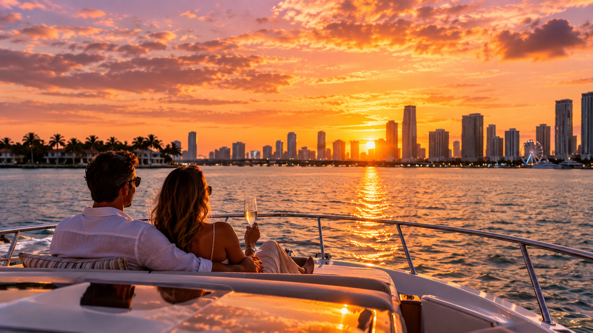 Book a private Miami sunset yacht cruise with YCN Miami. Enjoy Biscayne Bay, skyline views and golden-hour cruising aboard our luxury yacht fleet.