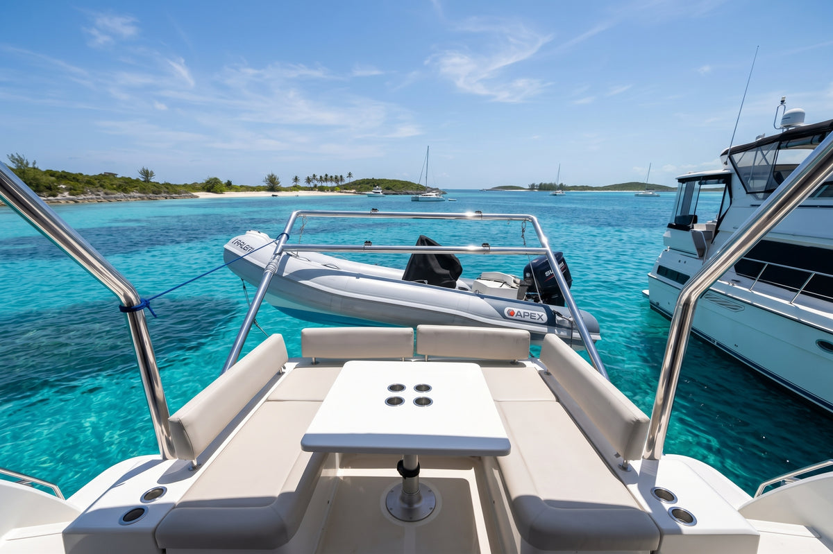 Aft cockpit table and seating on Let it be 3, a 44ft Aquila, with the dinghy alongside in the Bahamas