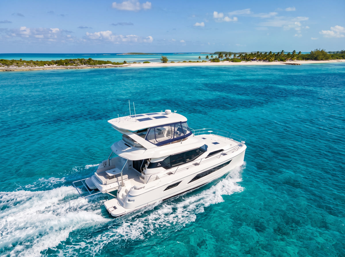 Aerial of Let it be 3, a 44ft Aquila catamaran, running with a white wake near Nassau, Bahamas