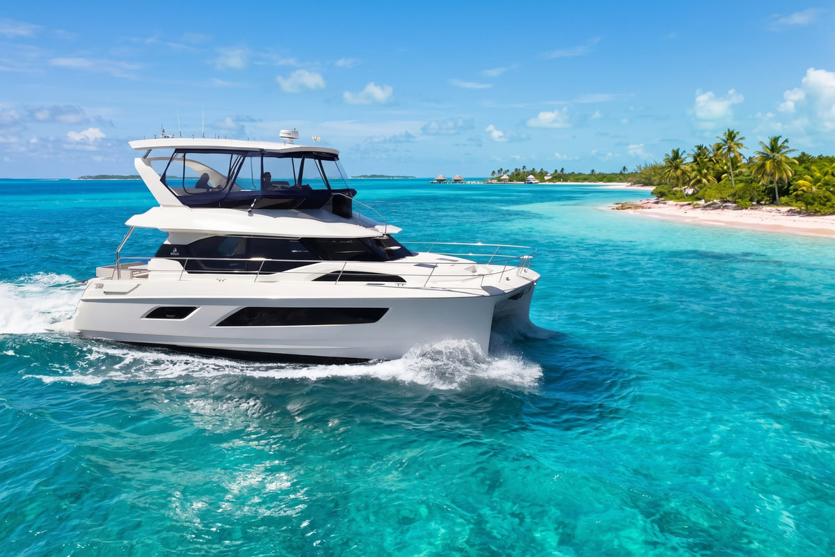 Let it be 3, a 44ft Aquila flybridge catamaran, passing a palm-lined beach in the Bahamas