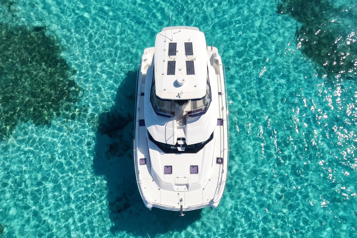 Top-down drone view of Let it be 3, a 44ft Aquila catamaran, over clear Bahamian water