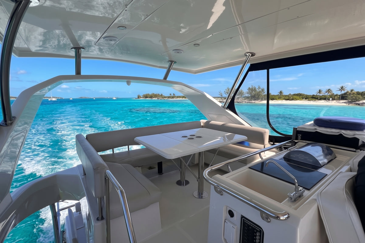 Flybridge dining table and seating on the 44ft Aquila Let it be 3