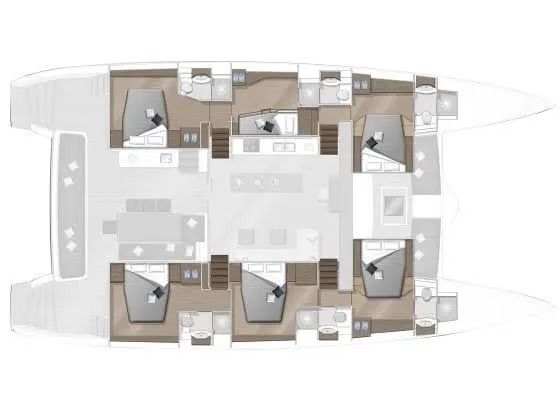 Top-down floor plan diagram of a catamaran yacht showing the layout of cabins, bathrooms, kitchen, and living areas.