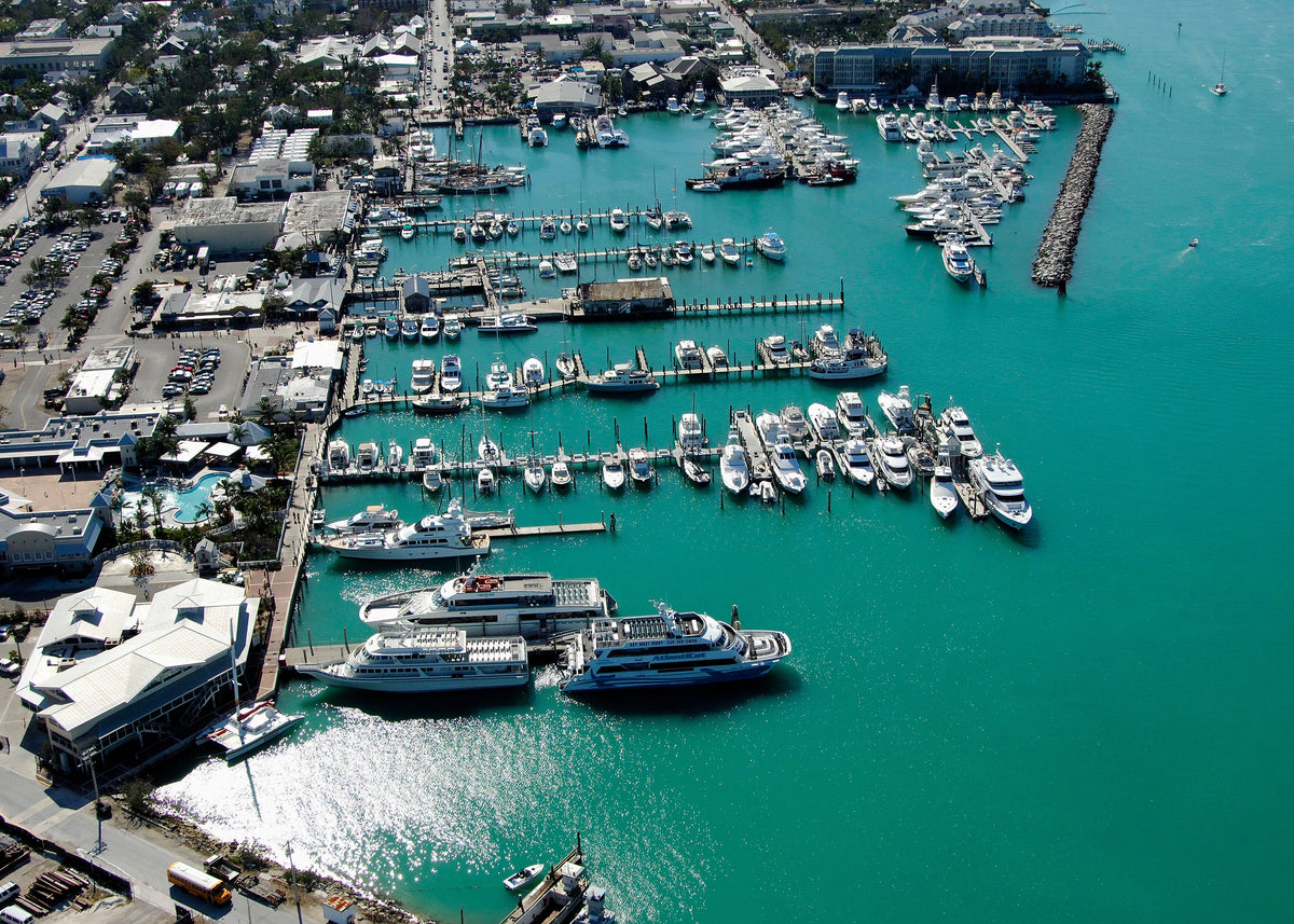 Aerial view of a marina filled with white yachts and boats, surrounded by turquoise water and a coastal city layout with buildings and roads.