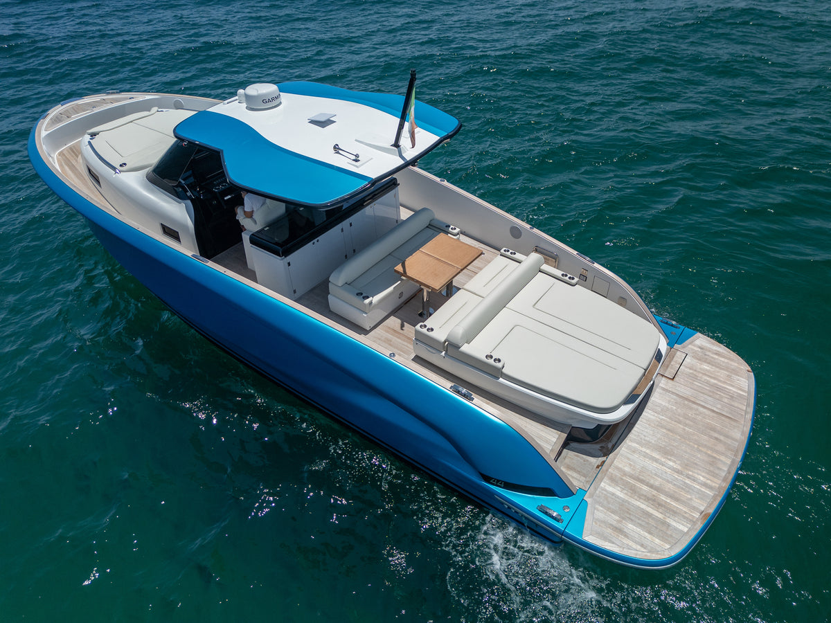 Top-down view of the Solaris Power deck layout, from bow sun pad to teak swim platform