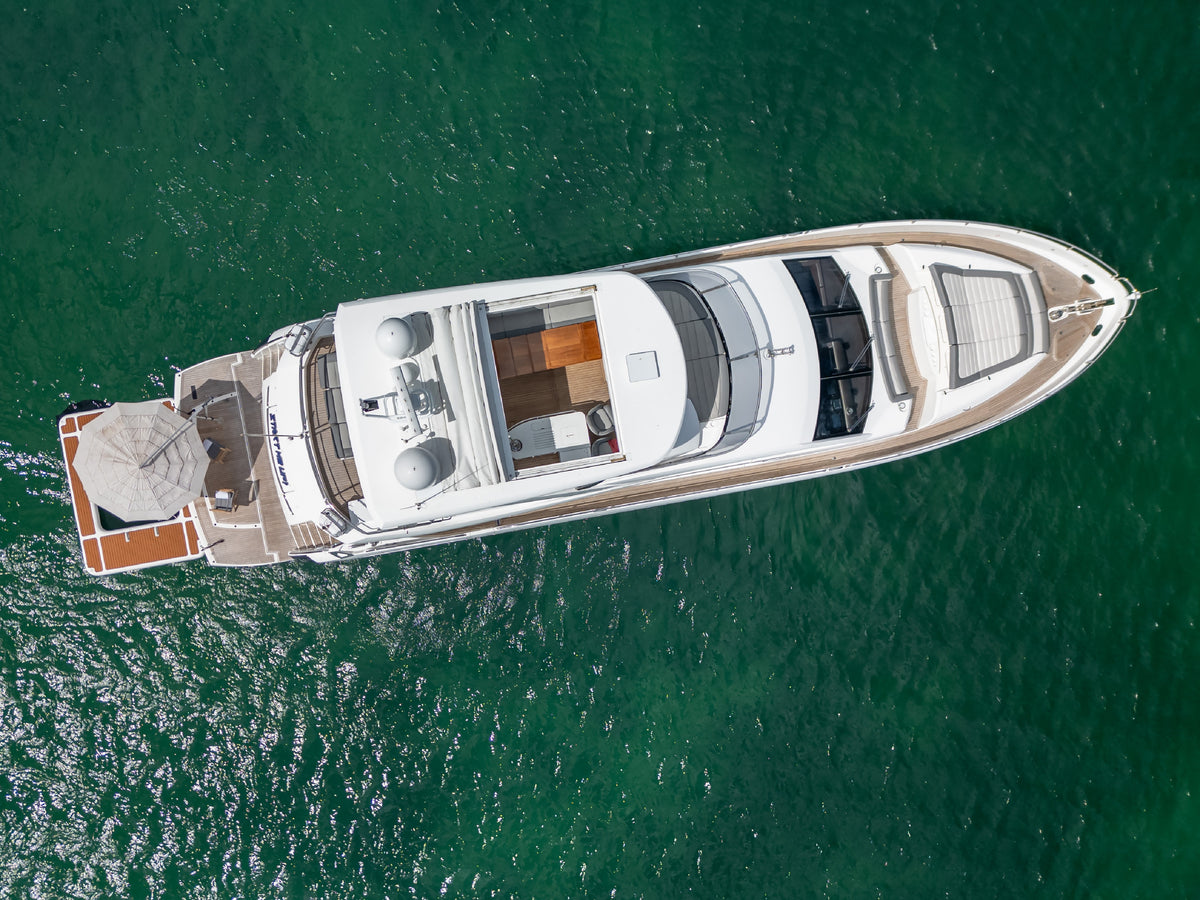 Overhead view of START ME UP, an 80ft Sunseeker, showing her bow sun pad and flybridge