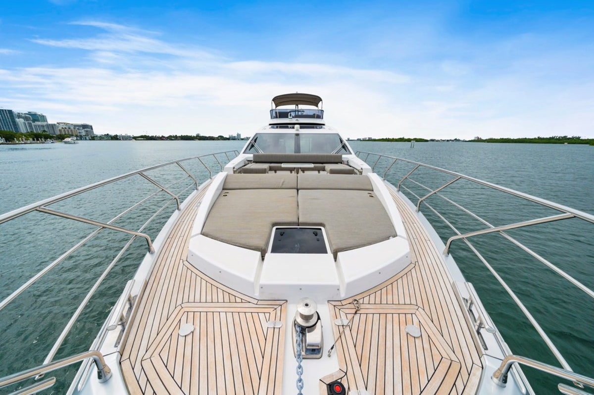Teak foredeck and bow sun pads on the Azimut S7 Water You Doing
