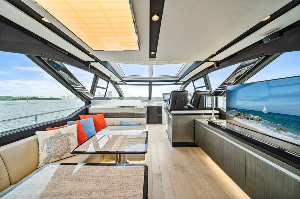Main saloon on Water You Doing with a glass roof and bay views
