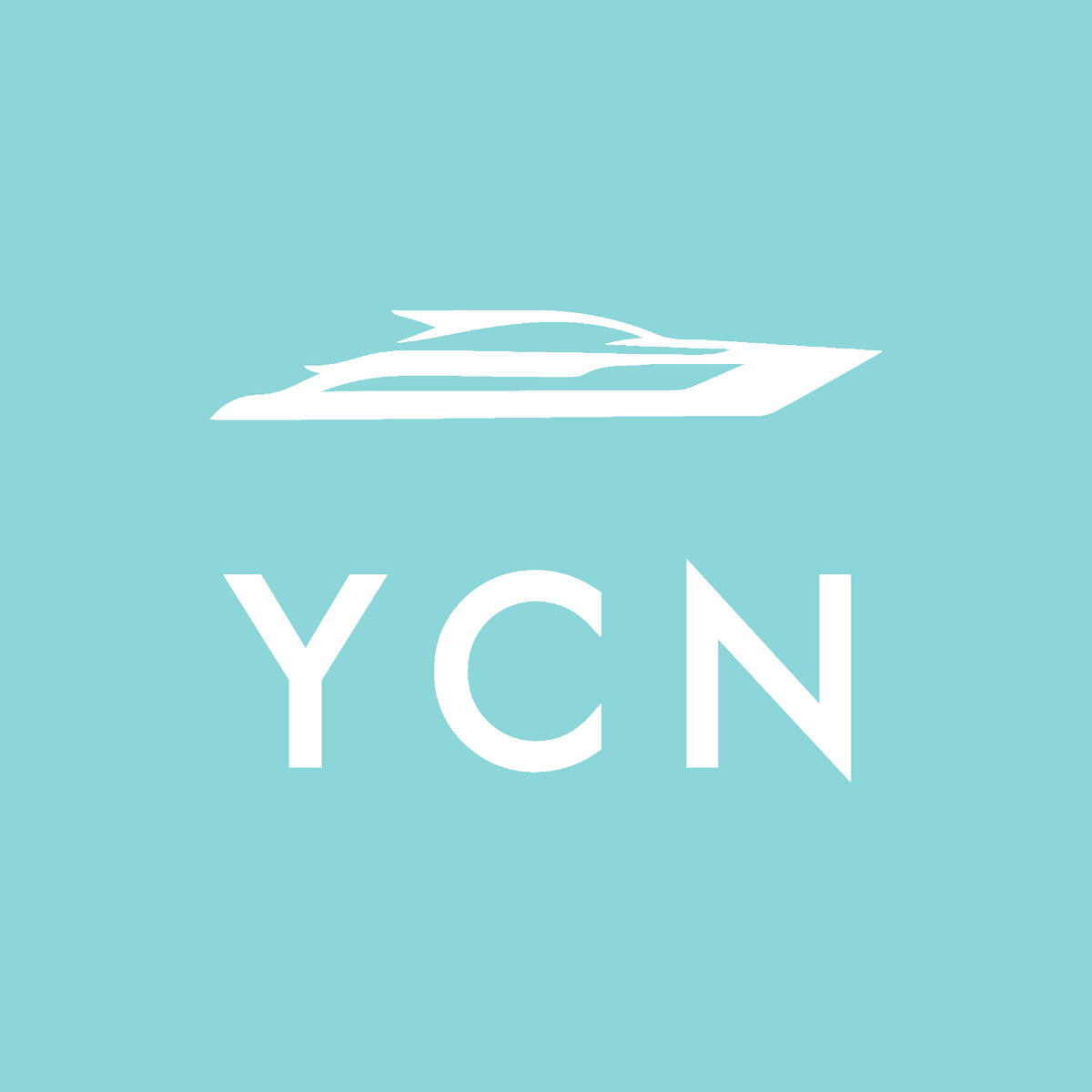 A minimalist white logo featuring a sleek boat silhouette above the letters 'YCN', set against a solid light aqua background.